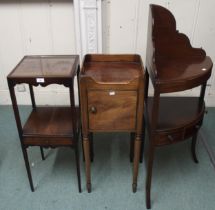 A Victorian mahogany single door pot cupboard, two tier corner washstand and a two tier occasional