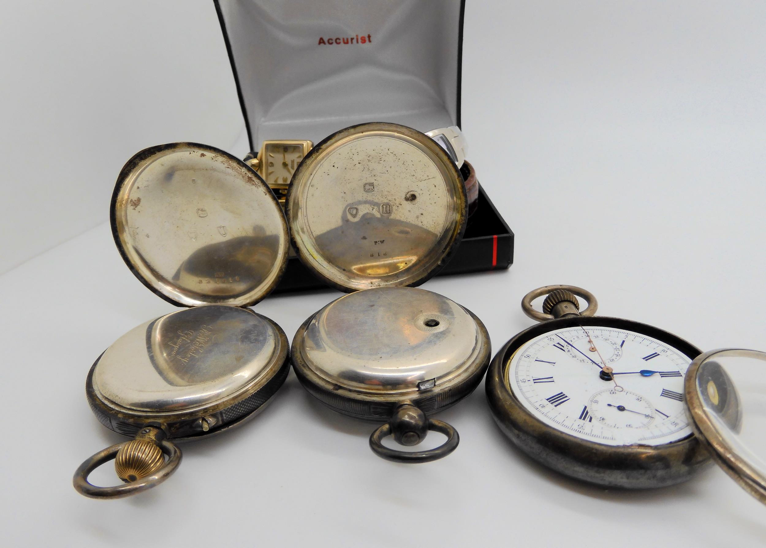 Three silver pocket watches and three wristwatches, to include an unusual continental silver - Image 4 of 7