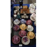 A set of lustre decorated coffee cups and saucers, a Halcyon Days enamel box, a Wedgwood dish, a