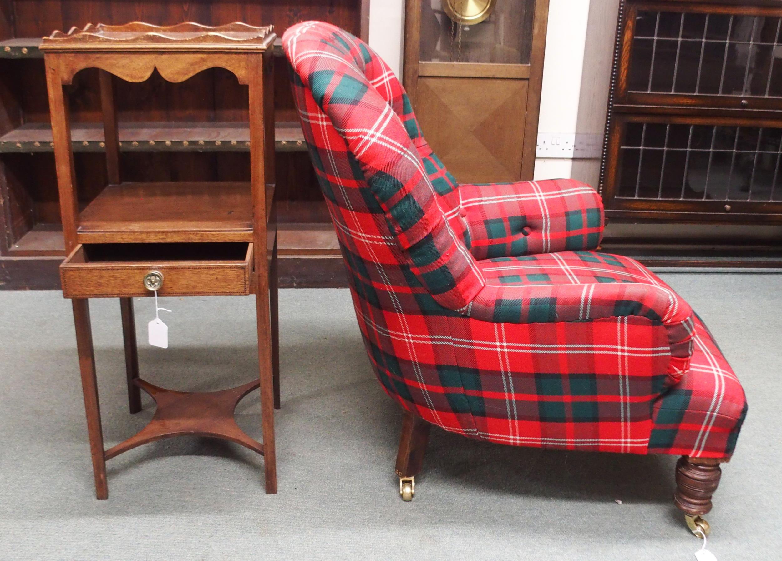 A late Victorian nursing chair with upholstered in a contemporary tartan fabric and a mahogany - Image 2 of 2