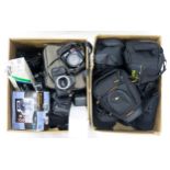 Two boxes of assorted film cameras, including models by Canon, Minolta, with various additional