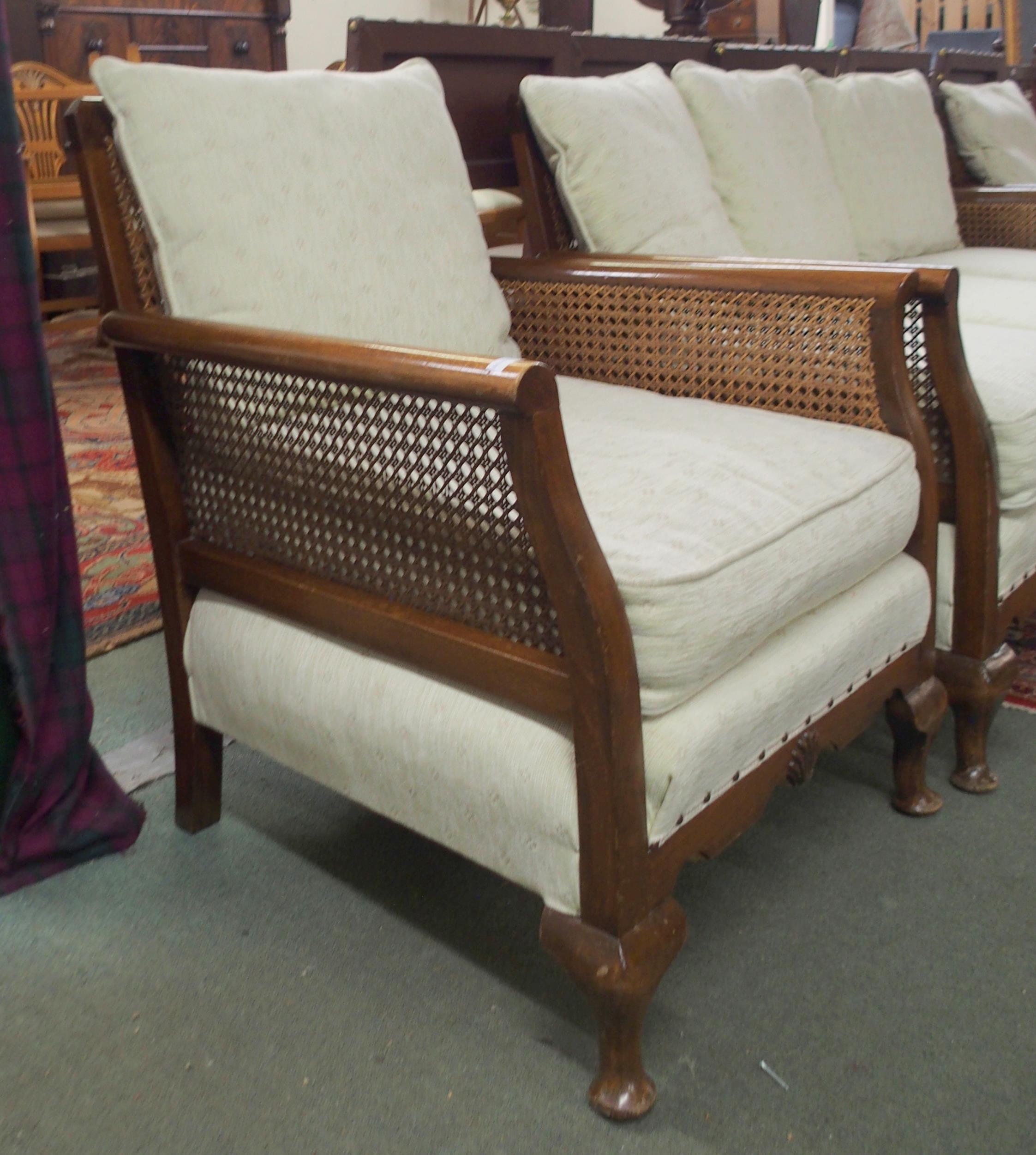 A 20th century mahogany framed bergere three piece suite with two seater sofa and pair of - Image 2 of 5