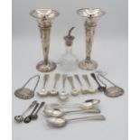 A pair of silver specimen vases, of trumpet form (weighted bases), London 1918, a silver topped