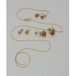 Three pairs of 9ct gold earrings, and a broken 9ct gold snake chain, weight together 5.6gms