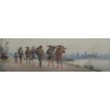 TADASHI NAKAYAMA Figures walking on a road beside a river, signed, watercolour, 33 x 99cm