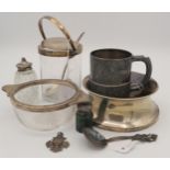 A collection of silver including a silver and glass preserve pot and spoon, Birmingham, the spoon by