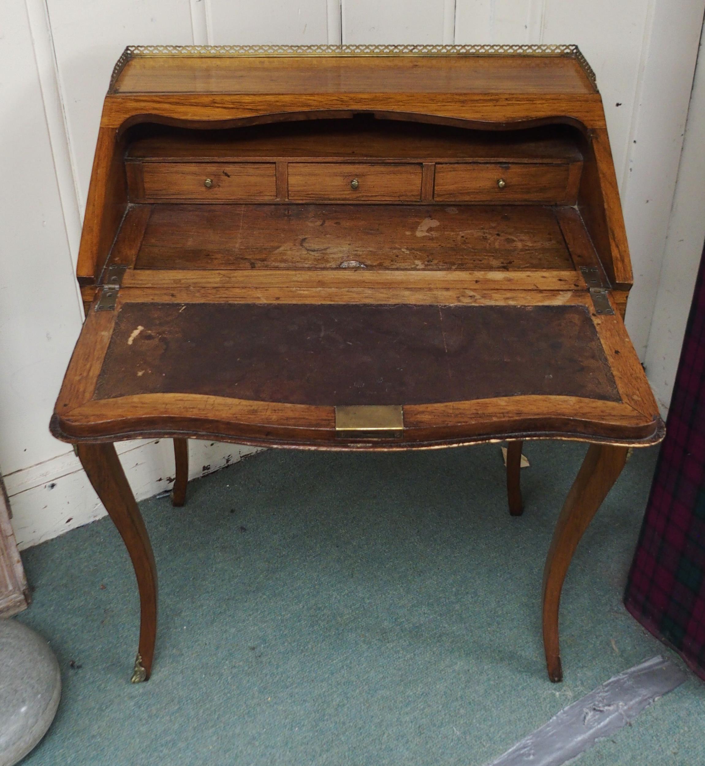 A late Victorian continental style marquetry fall front writing bureau with brass gallery top on - Image 2 of 4