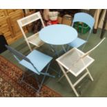 A 20th century folding café table, pair of accompanying chairs and another pair of folding garden
