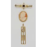 A 9ct gold garnet and pearl brooch, a 9ct cameo brooch, and a Mackintosh style pendant, weight