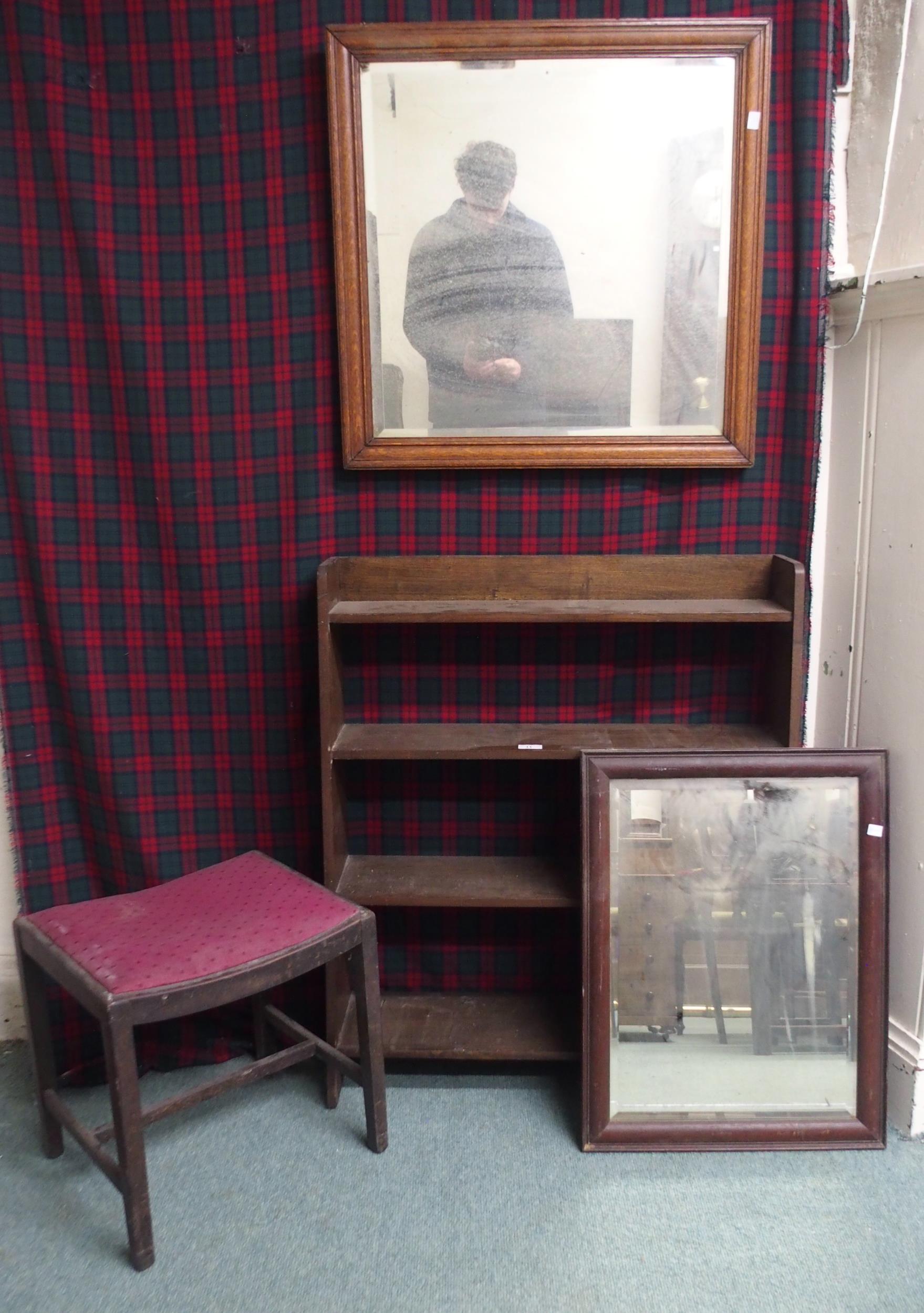 A 20th century oak open bookcase, two bevelled glass wall mirrors and an upholstered stool (4) - Image 2 of 2