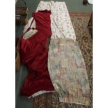 A pair of large red velvet curtains, 275cm drop, A pair of floral patterned curtains, 255cm drop and