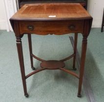 A late Victorian mahogany and satinwood inlaid single drawer drop end occasional table on cross