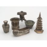 A Chinese silver salt modelled as a pagoda, another modelled as a basket decorated with a crab,