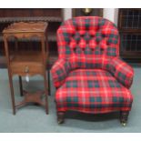 A late Victorian nursing chair with upholstered in a contemporary tartan fabric and a mahogany