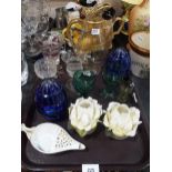 Assorted antique and other glassware including a pair of blue flashed and cut egg shaped pots and