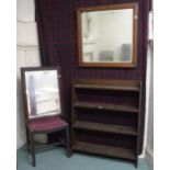 A 20th century oak open bookcase, two bevelled glass wall mirrors and an upholstered stool (4)