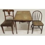 A late Victorian folding "Cavendish" table, an elm and beech stick back dining chair and another