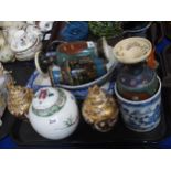 A Chinese blue and white mug, a pair of pottery cloisonné vases, Sumida Gawa jug, satsuma dishes,