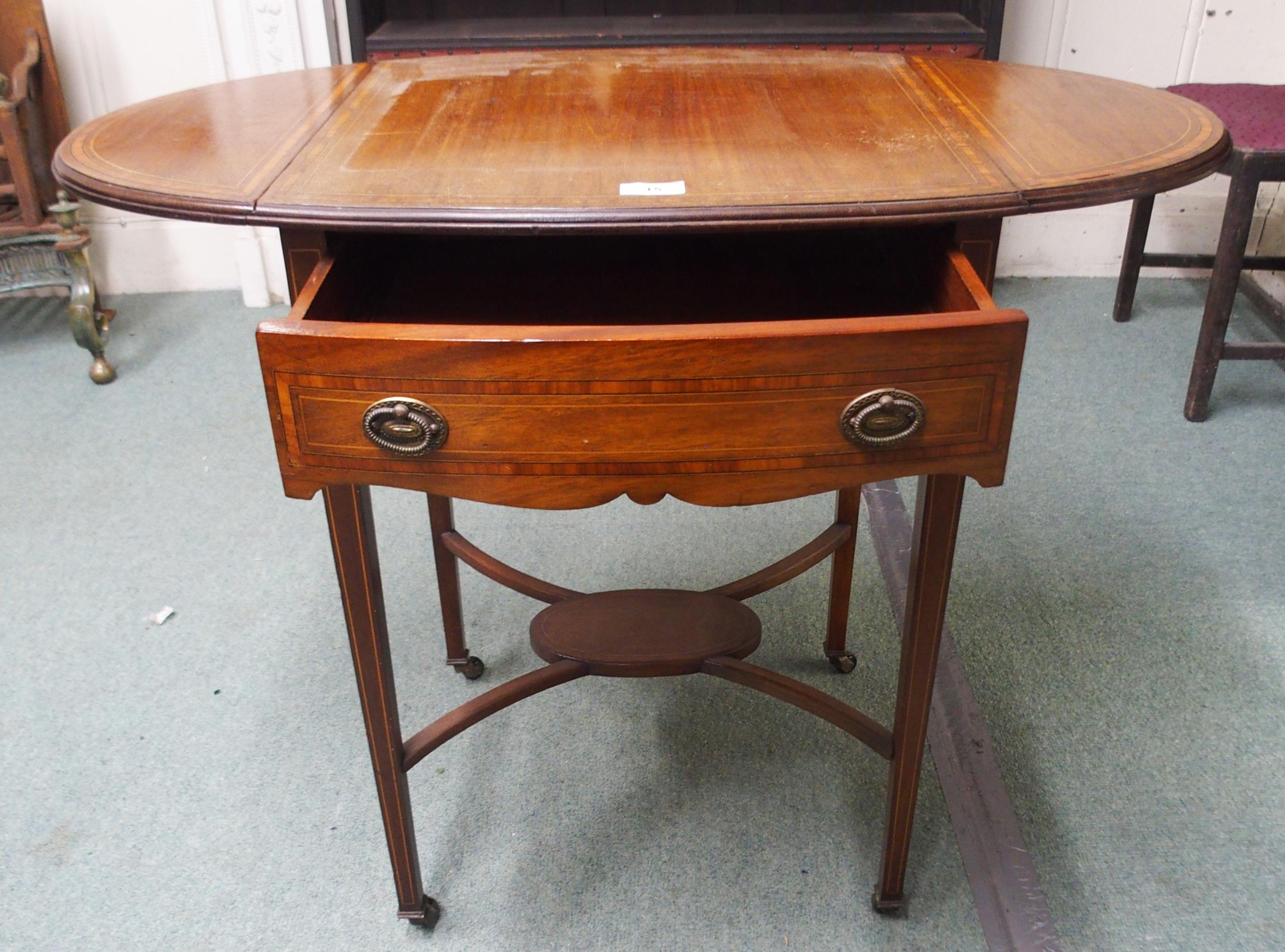 A late Victorian mahogany and satinwood inlaid single drawer drop end occasional table on cross - Image 2 of 4