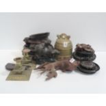 Assorted wooden stands, carved figures of fish, bronze bell etc Condition Report:Available upon