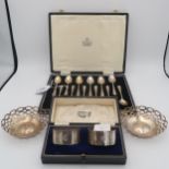A collection of silver including a pair of silver bon bon dishes, the bodies with pierced oval