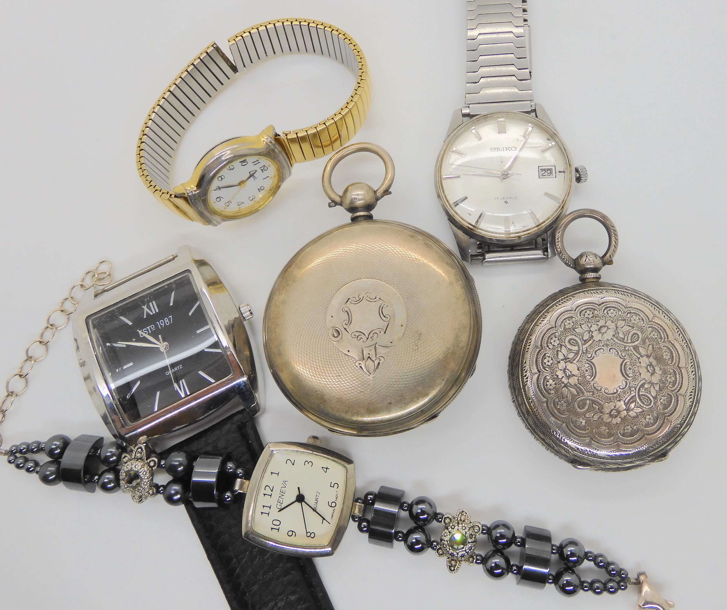 Two silver pocket watches, dated London 1875, and Birmingham 1880, and Seiko Automatic etc Condition - Image 2 of 8