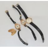 Three 9ct gold mounted ladies vintage watch heads with leather straps to include Rotary, Dominant,