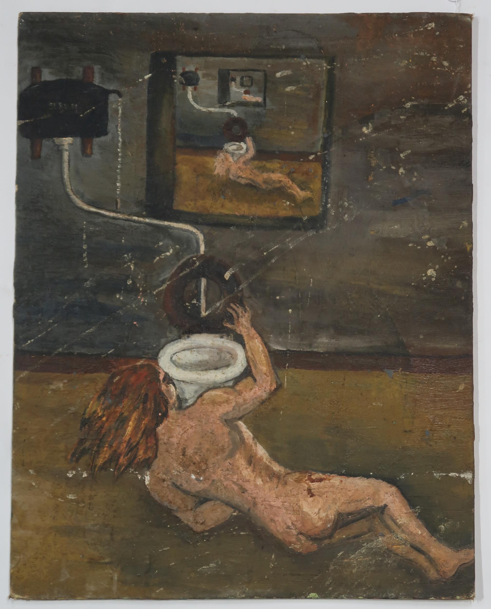 BRITISH SCHOOL  WOMAN AT TOILET WITH REFLECTION & FAMILY SCENE  Oil on board (unframed), 45 x - Image 2 of 3