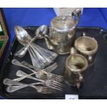 A three piece EPNS teaset and a selection of French silver plated Apolo spoons and forks Condition