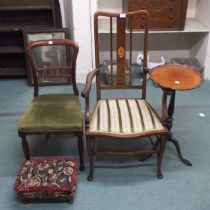 A late Victorian mahogany framed armchair, parlour chair, tripod base wine table and an