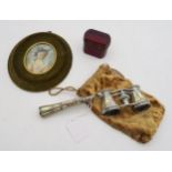 An oval portrait miniature, a pair of opera glasses and a ruby glass trinket box Condition Report: