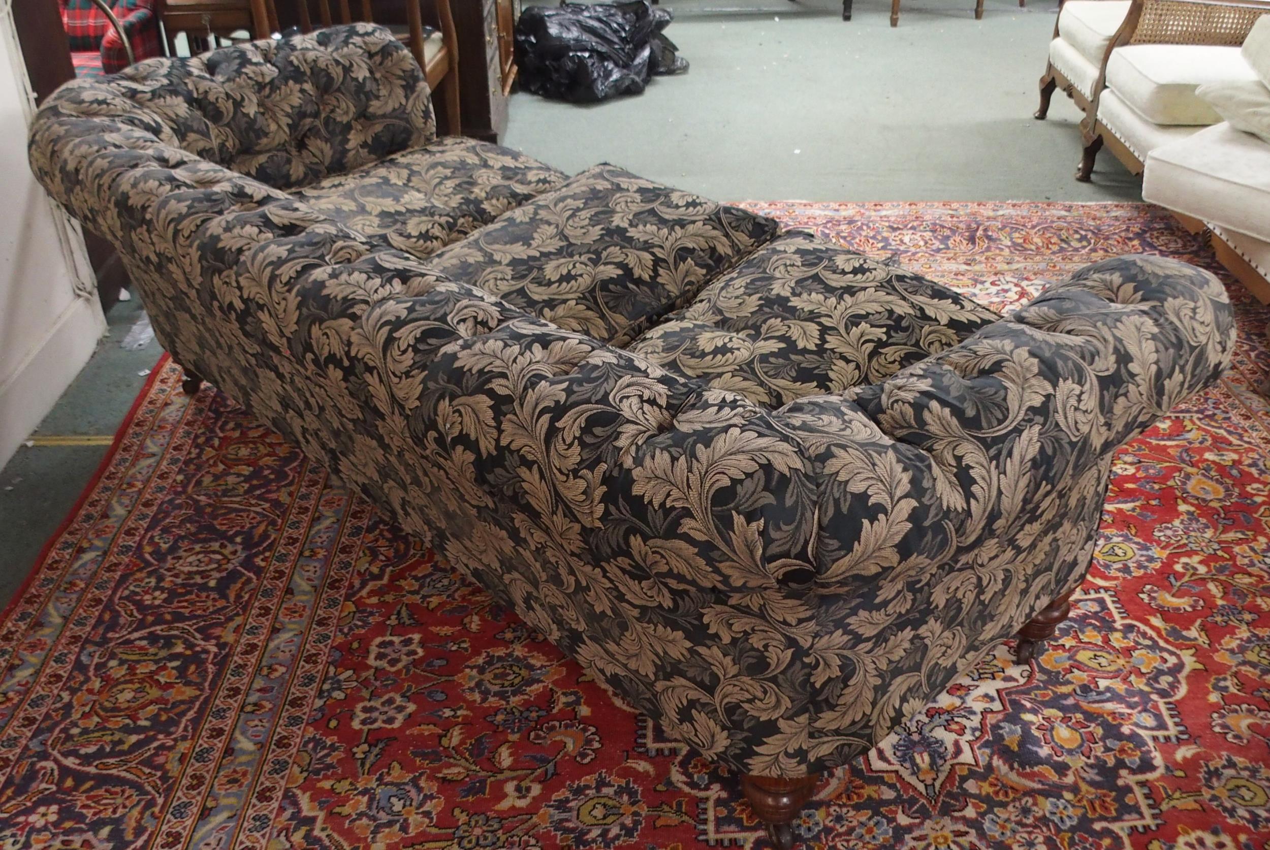 A Victorian button back three seater settee upholstered in a black and gilt acanthus leaves fabric - Image 4 of 5