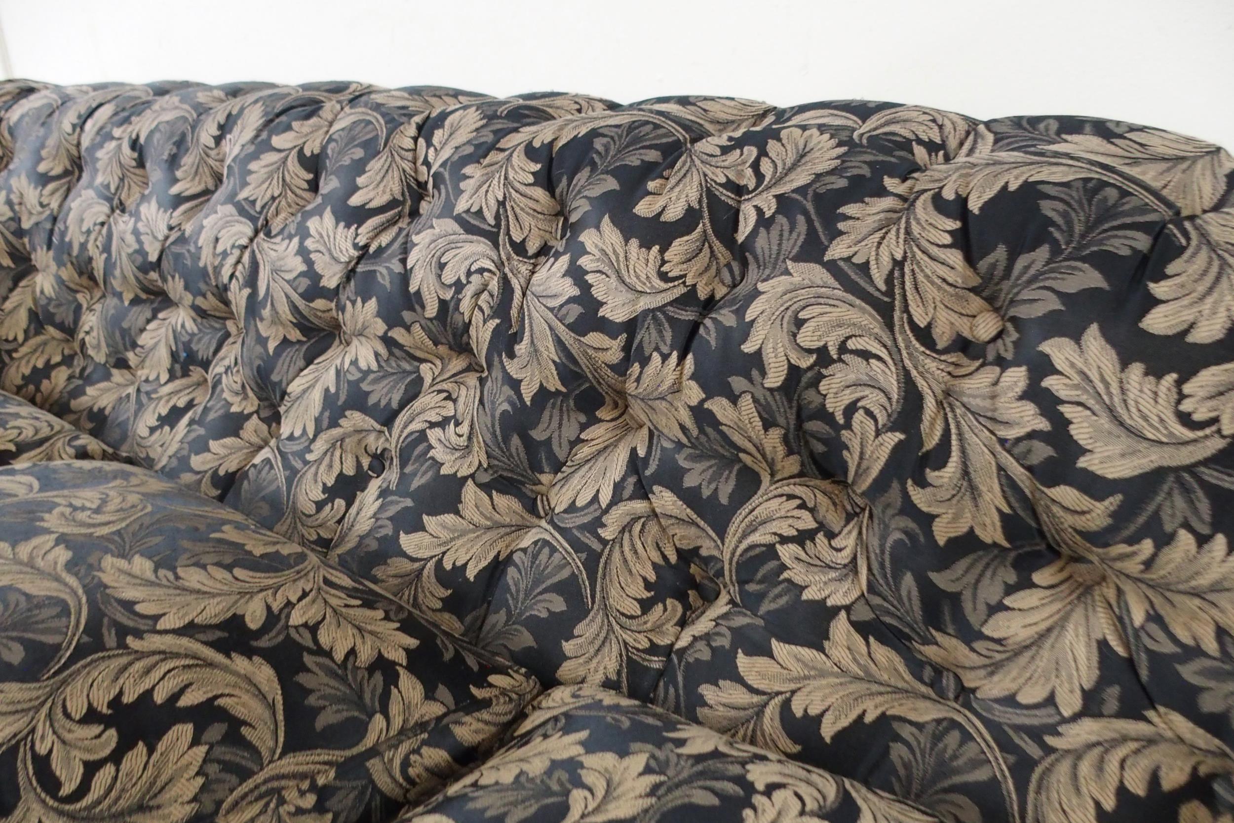 A Victorian button back three seater settee upholstered in a black and gilt acanthus leaves fabric - Image 3 of 5
