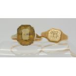 A 9ct gold smokey quartz coloured glass gem ring, size N, and a 9ct signet ring, size L, weight