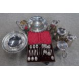A collection of EPNS including a tazza with engraved geometric floral decoration and an everted rim,