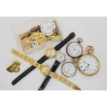 Two silver fob watches, a gold plated pocket watch and a collection of wristwatches Condition