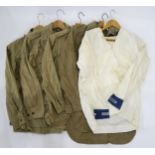 A selection of military and civilian clothing, comprising a size 3 khaki wool shirt, three