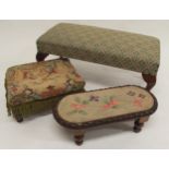 A 20th century upholstered footstool on cabriole supports, tapestry upholstered stool with turned