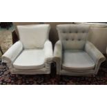 A pair of Victorian armchairs both with square tapering supports terminating in ceramic casters, one