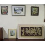 A framed tapestry and four assorted framed pictures (5) Condition Report:Available upon request