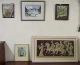 A framed tapestry and four assorted framed pictures (5) Condition Report:Available upon request