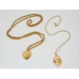 A 9ct back & front heart shaped locket on a 9ct gold rope chain Length 64cm, together with an oval