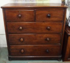 A Victorian mahogany two over three chest of drawers on bun feet, 120cm high x 120cm wide x 51cm