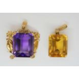 A large step cut amethyst dimensions 18.3mm x 15.6mm x 10.5mm in a yellow metal mount, together with