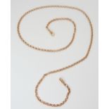 A 9ct rose gold belcher chain with two lobster claw clasps, length 124cm, weight 14.2gms Condition