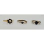 A 9ct gold sapphire and illusion set diamond three stone ring, size M, a 9ct gold sapphire and
