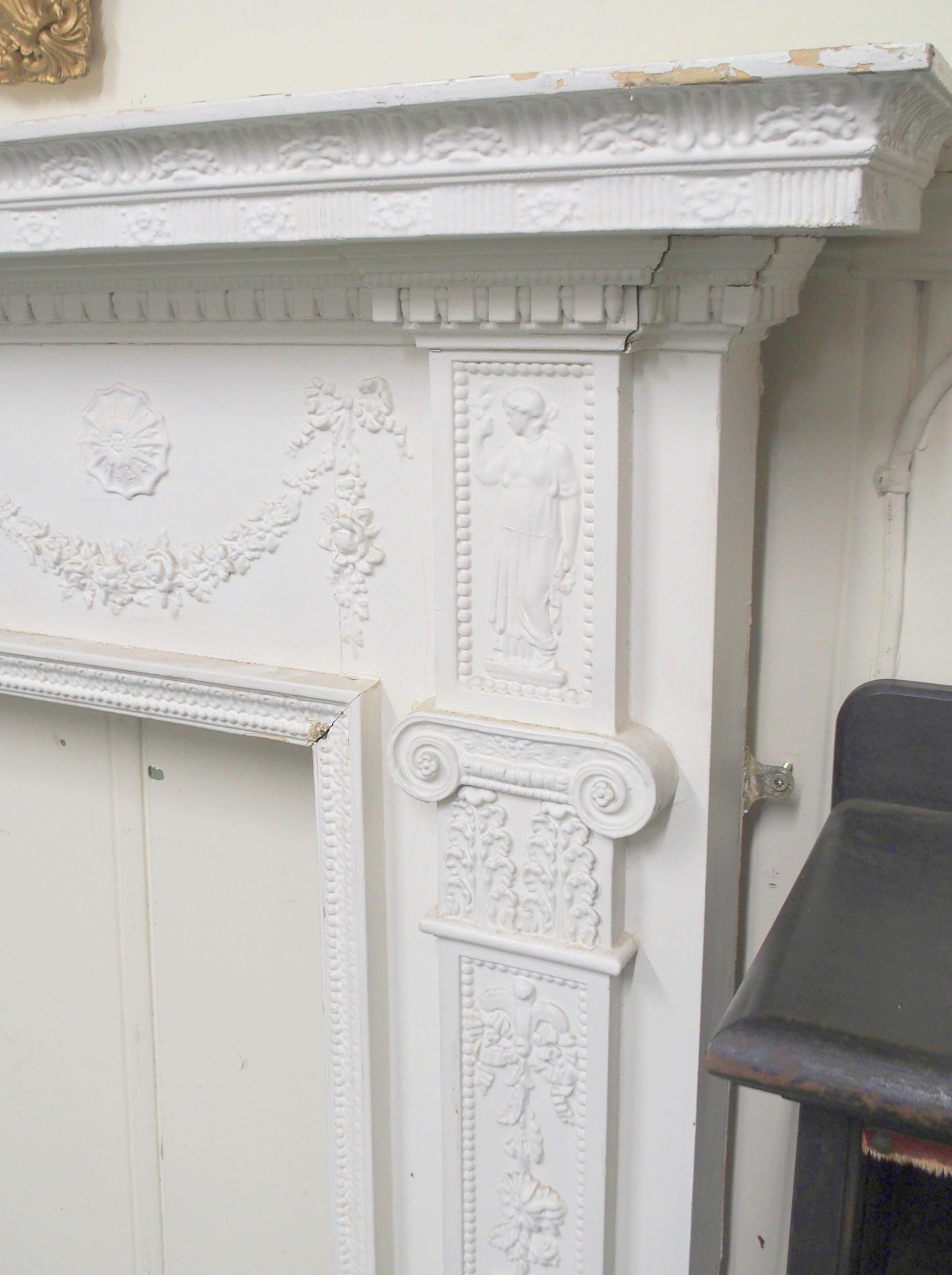 A 19th century pine and plaster whited painted fire surround with cast central relief depicting - Image 2 of 4