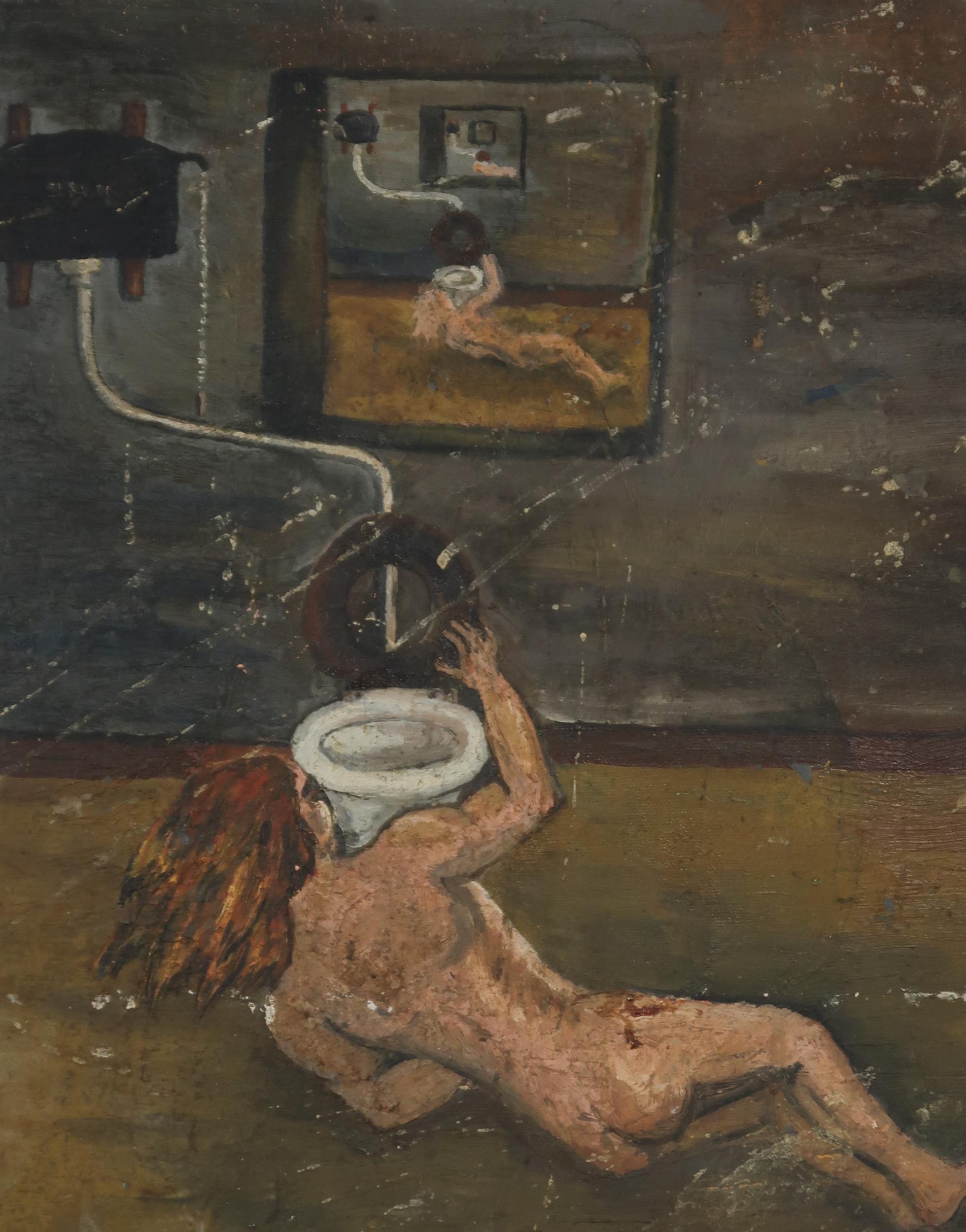 BRITISH SCHOOL  WOMAN AT TOILET WITH REFLECTION & FAMILY SCENE  Oil on board (unframed), 45 x