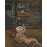 BRITISH SCHOOL  WOMAN AT TOILET WITH REFLECTION & FAMILY SCENE  Oil on board (unframed), 45 x
