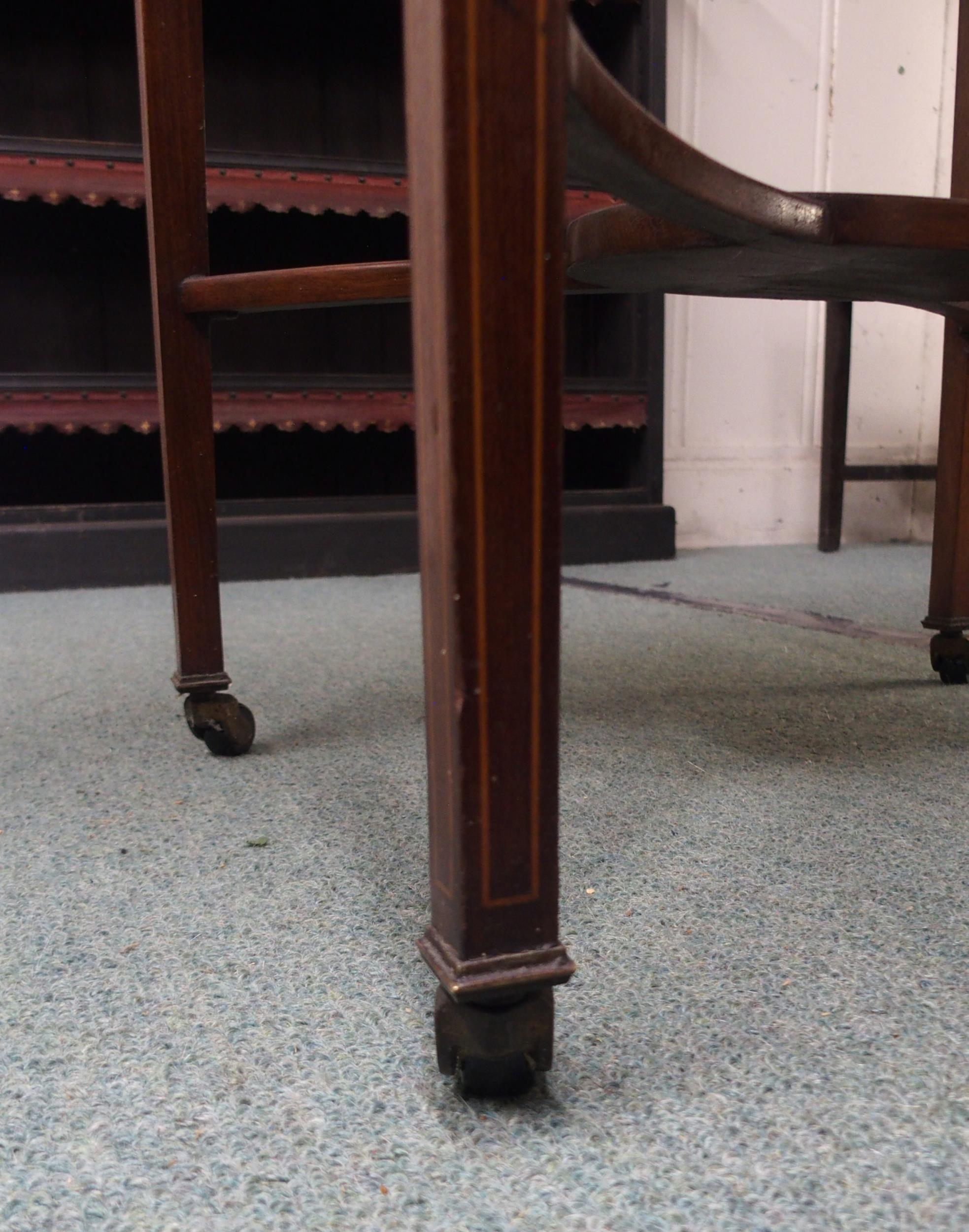 A late Victorian mahogany and satinwood inlaid single drawer drop end occasional table on cross - Image 3 of 4